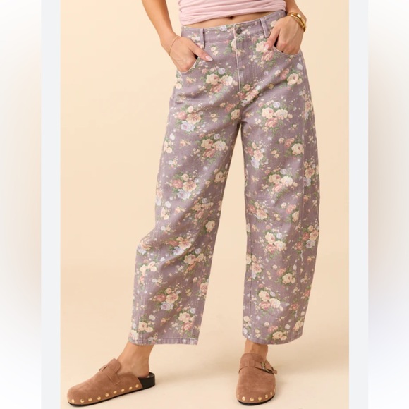 Pink Lily Pants - Pink Lily Floral Patterned Barrel Pants